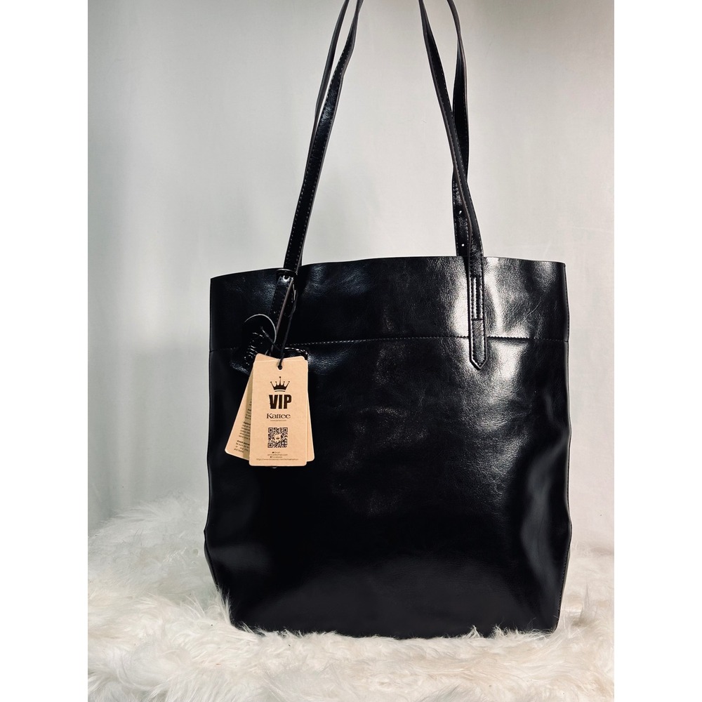 Kattee Womens Black Genuine Leather Tote Bag Large Shoulder Purse Top Zip NEW